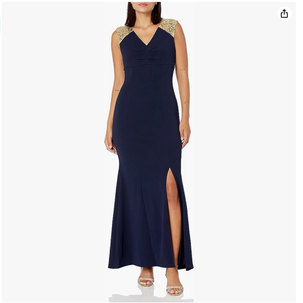 S.L.Fashions Long V-Neck Sleeveless Fit and Flare Dress Sequin with Slit NWT 18
